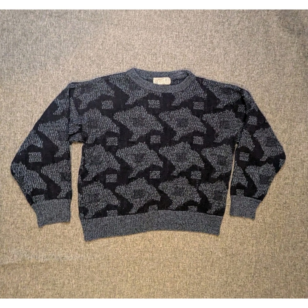 Vintage 90s Method Wool Blend Sweater Geometric Aztec Black & Gray Size Medium